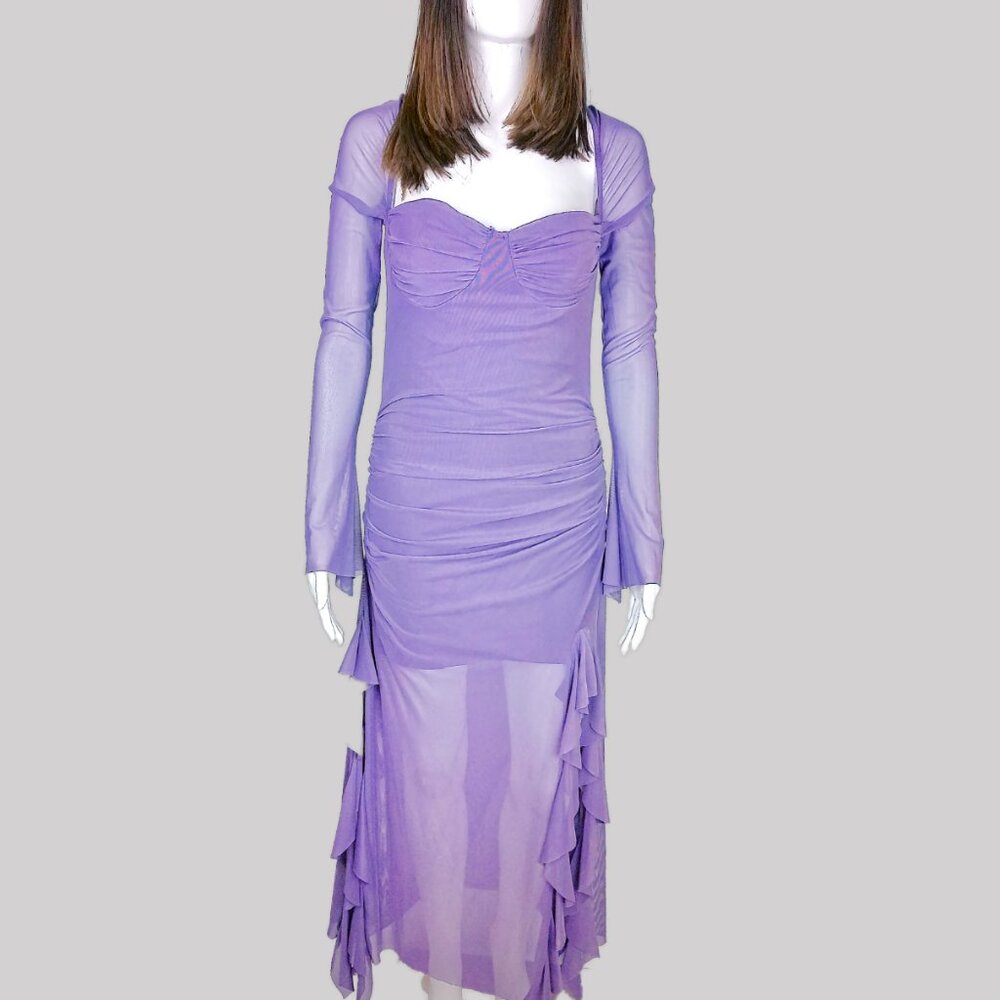 Purple Mesh Ruffle Maxi Dress